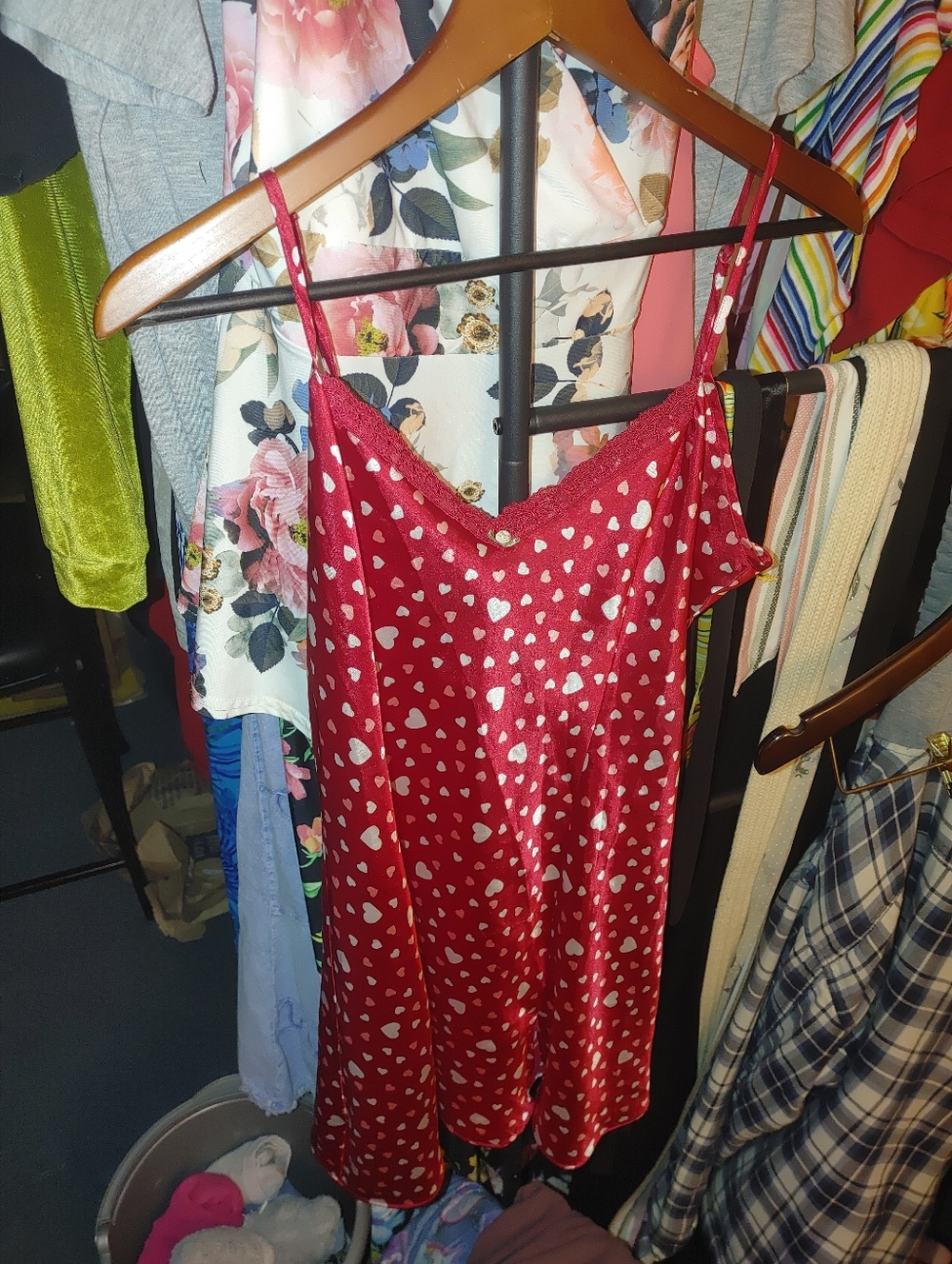Red Heart Print Satin Slip Dress